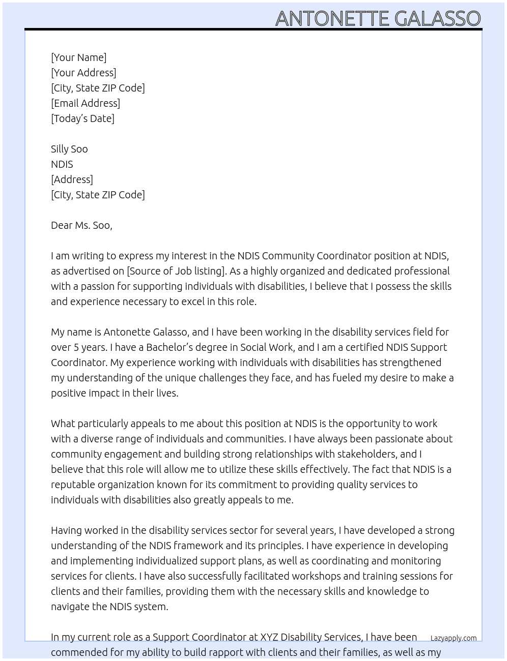 NDIS Community coordinator  At NDIS Cover Letter