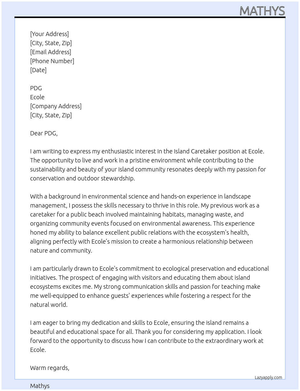 Island Caretaker At Ecole Cover Letter