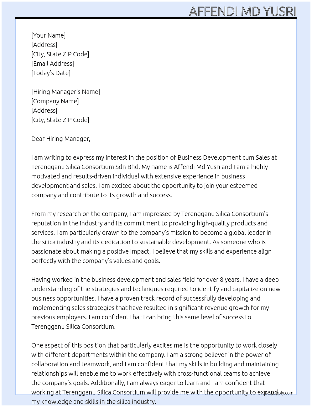 Business Development cum Sales At Terengganu Silica Consortium Sdn Bhd Cover Letter
