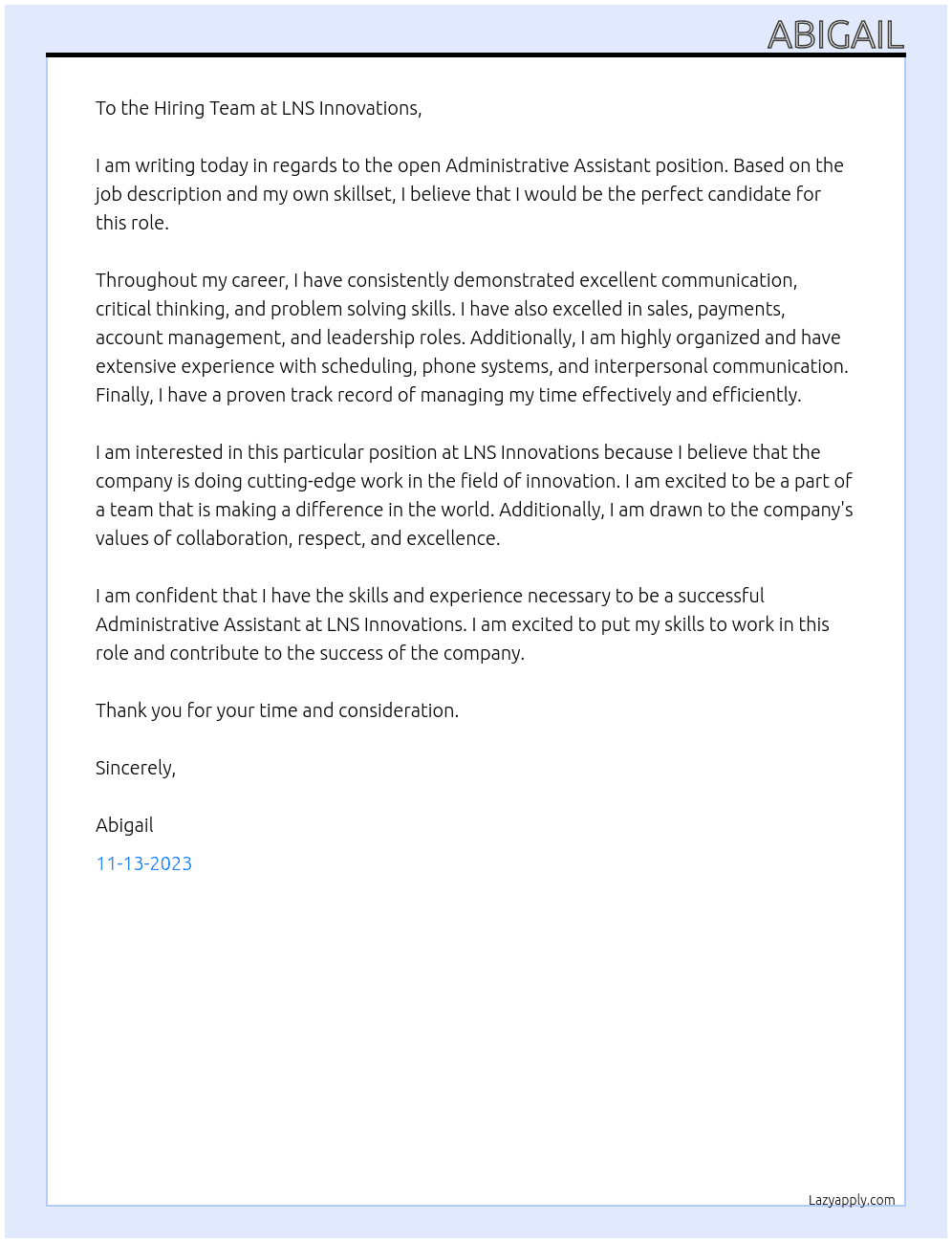 administrative assistant At LNS Innovations Ltd Cover Letter
