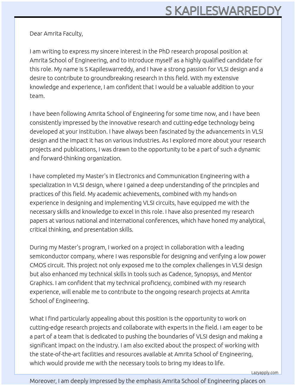 PhD research preposal At Amrita school of enginnering Cover Letter
