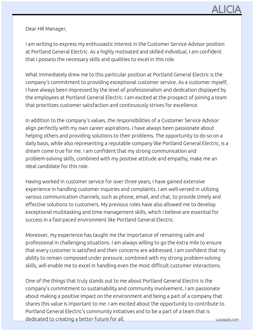 Customer Sevice Advisor At Portland General Electric Cover Letter