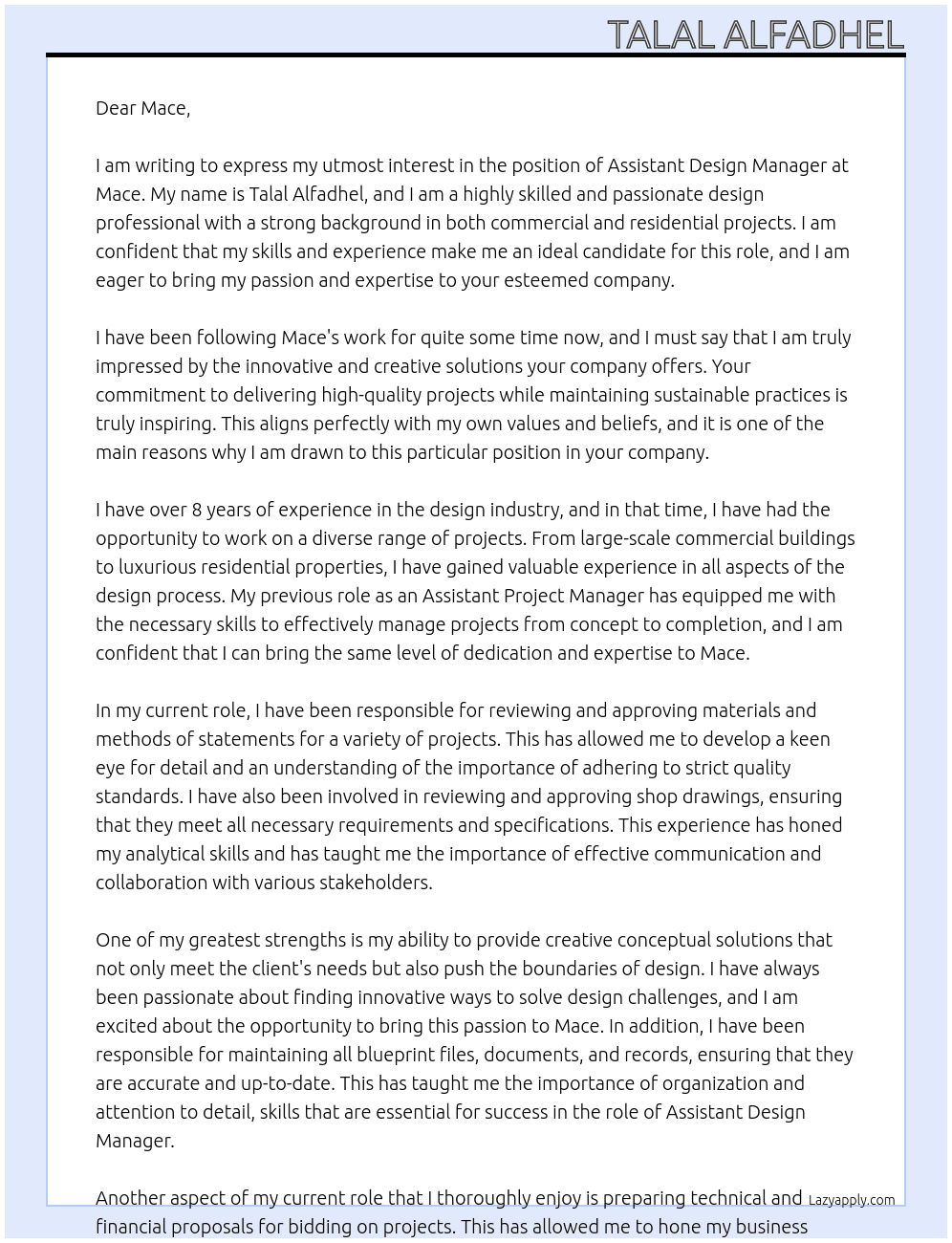  Assistant Design Manager At mace Cover Letter