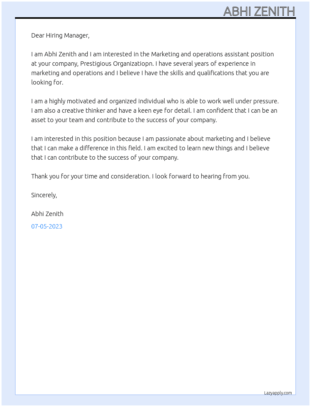Marketing and operations assistant At Prestigious Organizatiopn Cover Letter