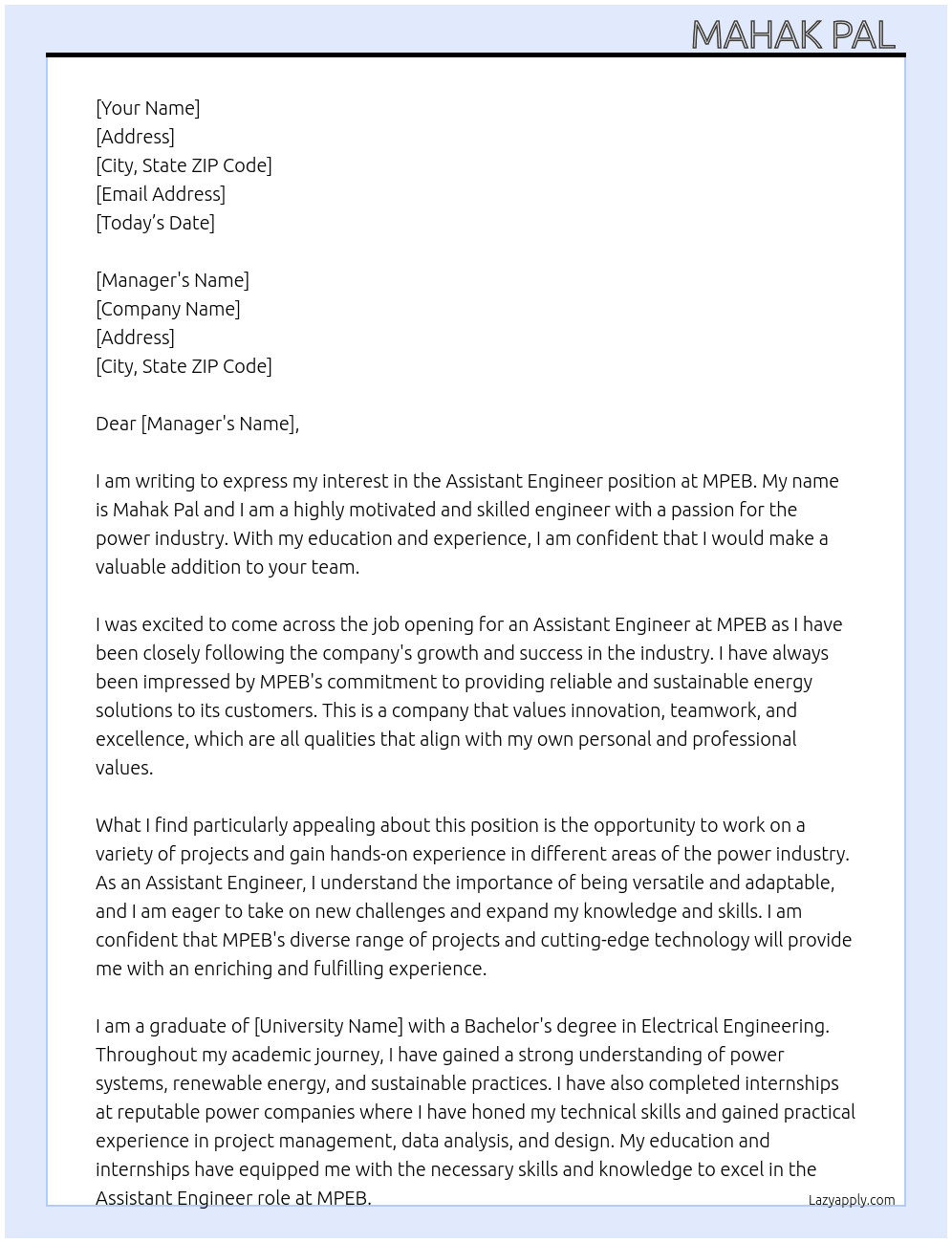 assistant engineer At MPEB Cover Letter