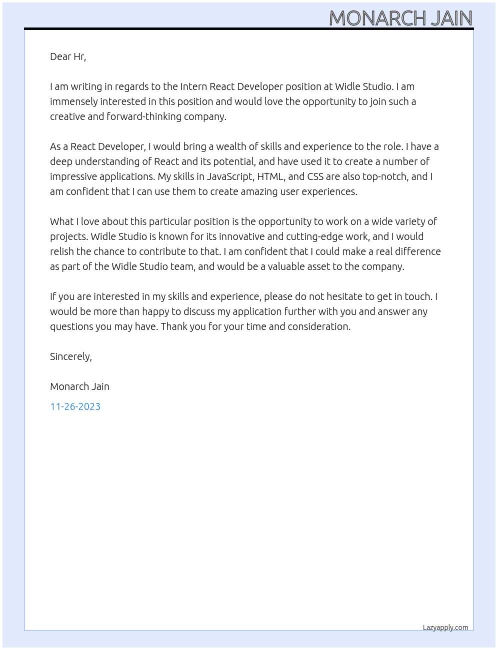 Intern React Developer At Widle Studio Cover Letter