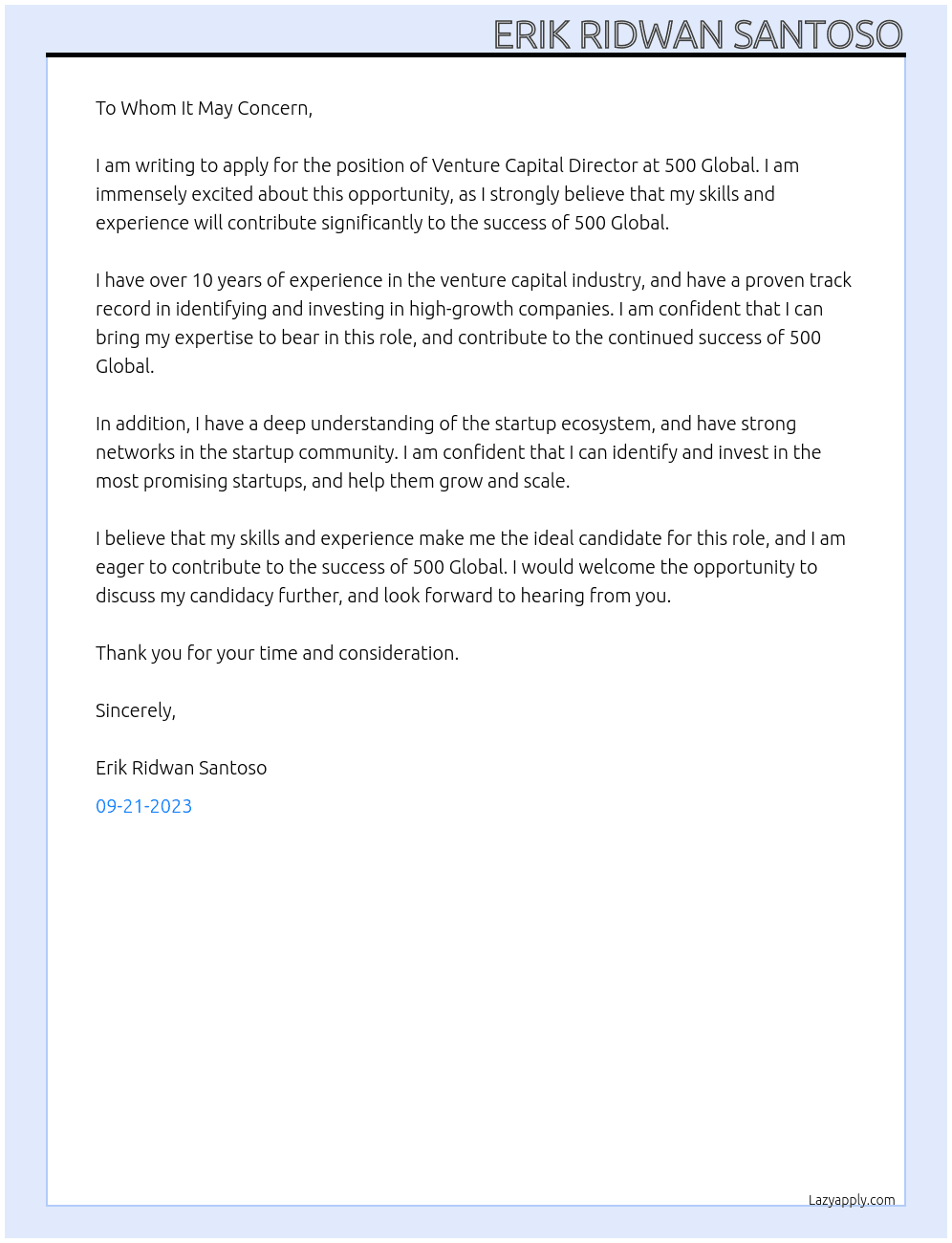venture capital director At 500 Global Cover Letter