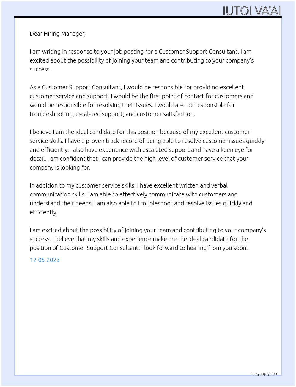 Customer Support Consultant At Blank Cover Letter