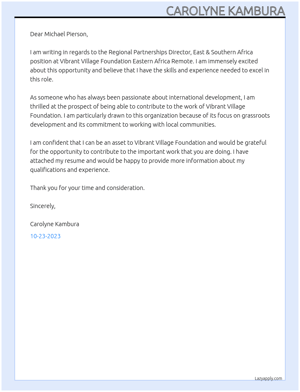 Regional Partnerships Director, East & Southern Africa At Vibrant Village Foundation Eastern Africa Remote Cover Letter