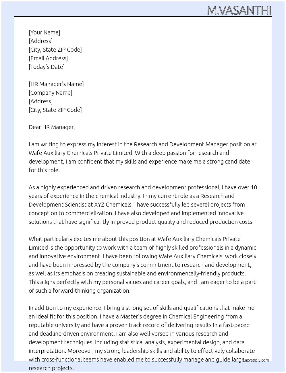 Research and development manager  At Wafe Auxiliary Chemicals Private Limited  Cover Letter