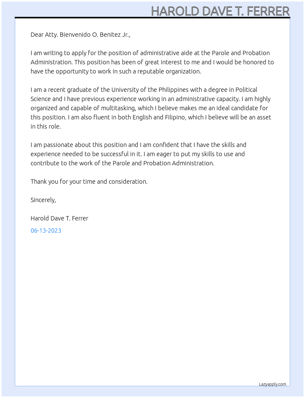 administative aide  At Parole and Probartion Administration Cover Letter