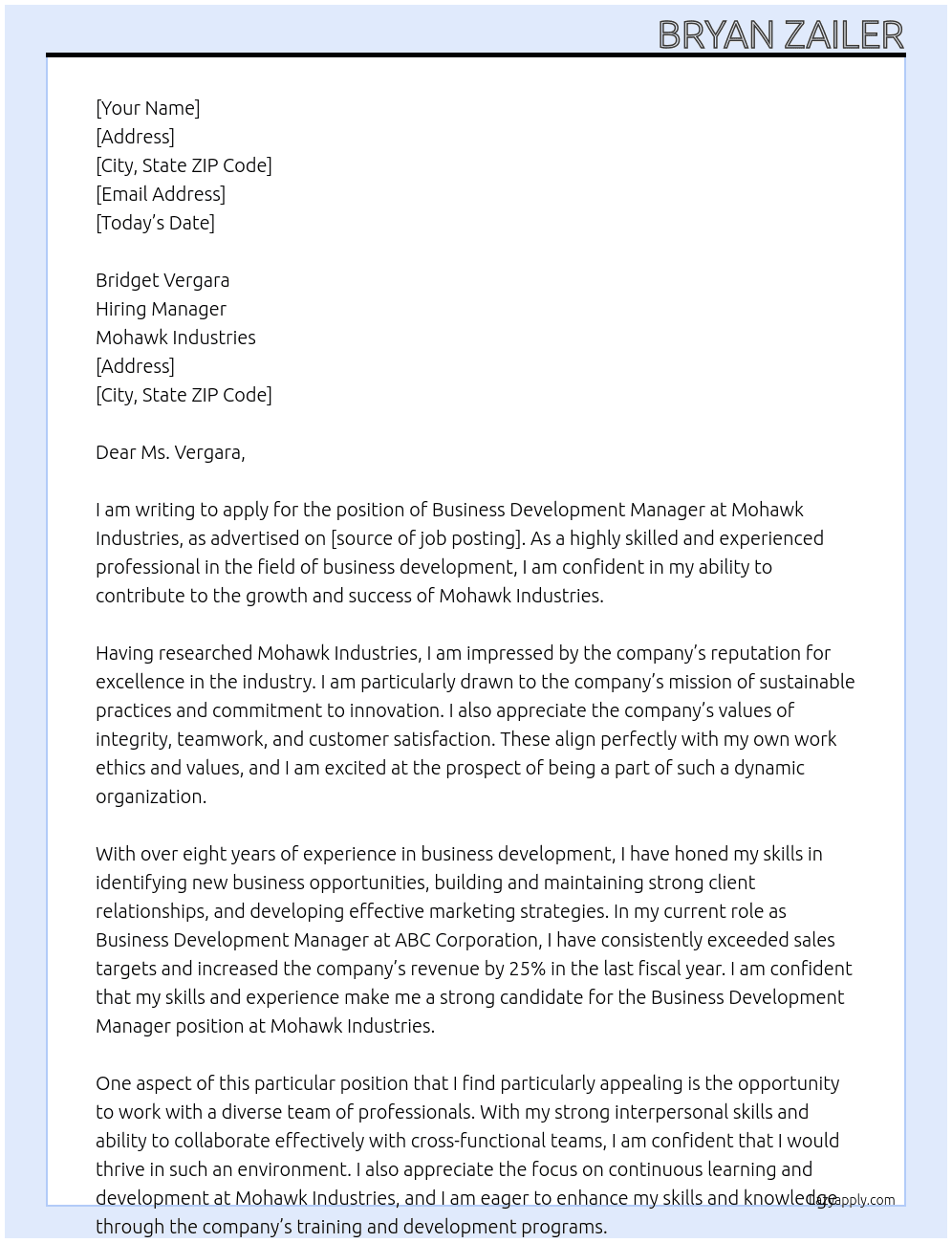 Business Development Manager At Mohawk Industries Cover Letter