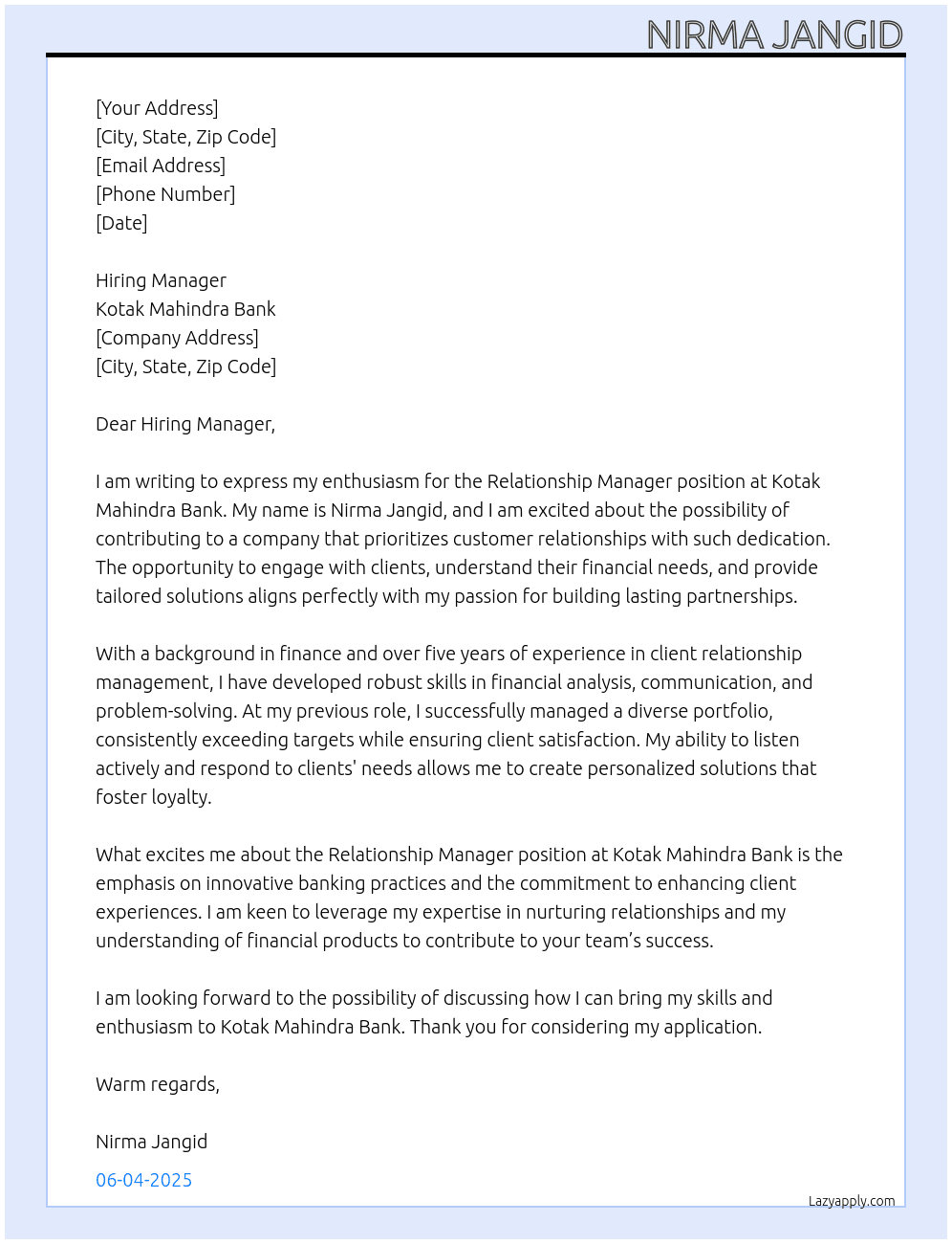 Relationship Manager At Kotak Mahindra Bank Cover Letter