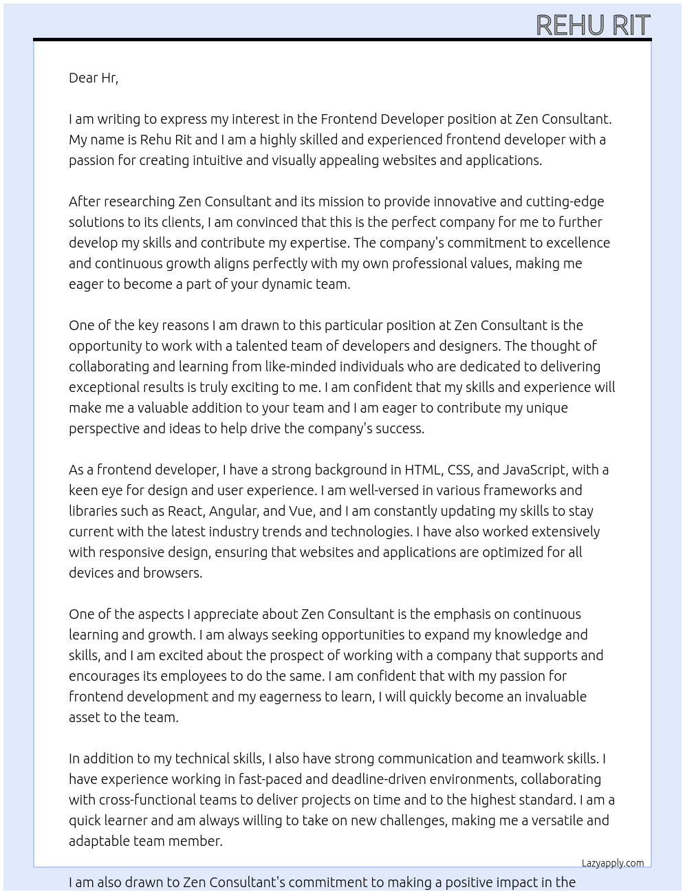 Frontend developer  At Zen Consultant  Cover Letter