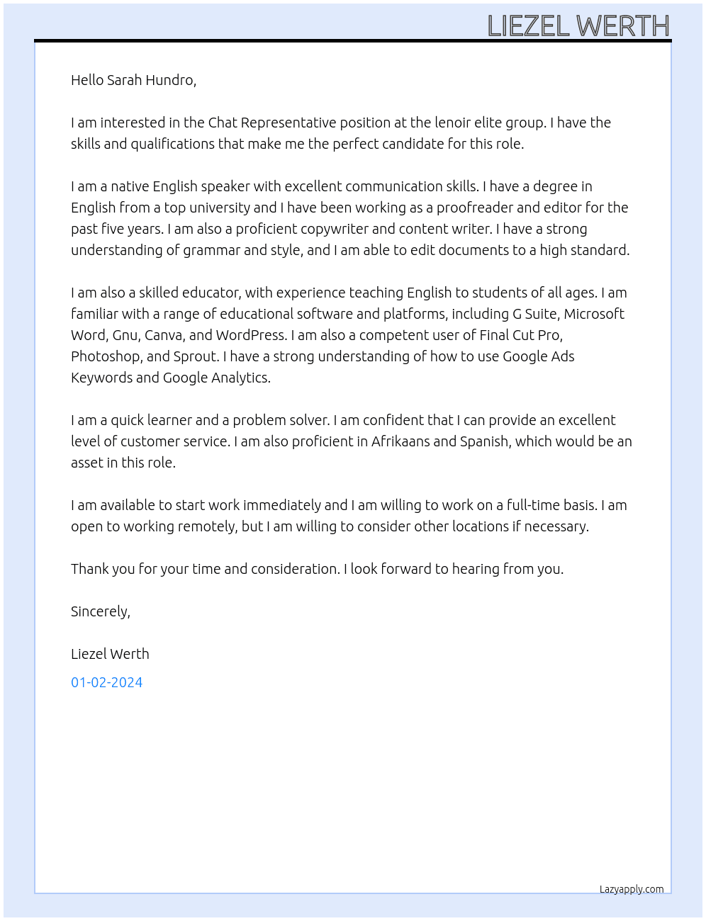 Chat Representative At lenoir elite group Cover Letter