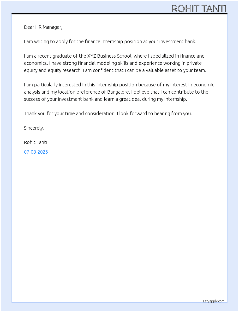 finance internship At investment bank Cover Letter