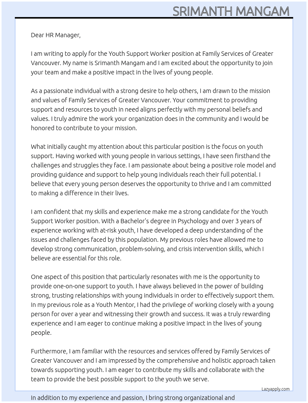 Youth support worker At Family services of greater Vancouver  Cover Letter