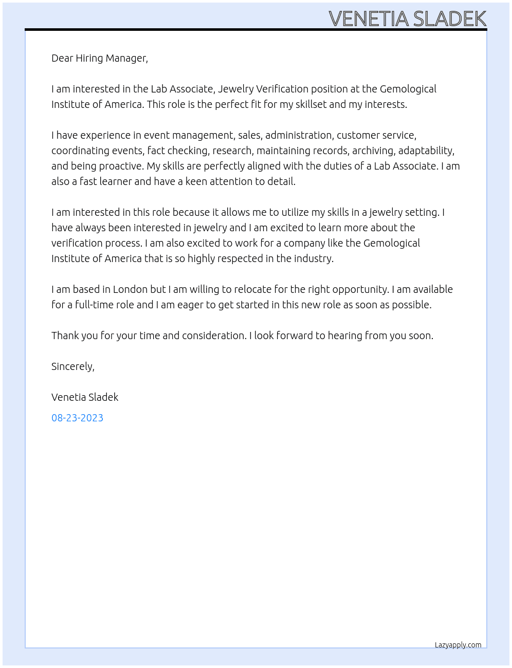 Lab Associate, Jewelry Verification At Gemological Institute of America Cover Letter