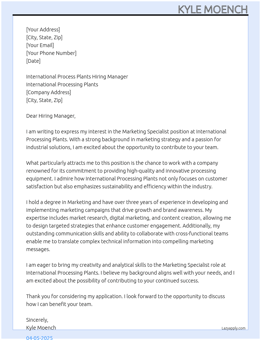 Marketing Specialists At International Processing Plants Cover Letter