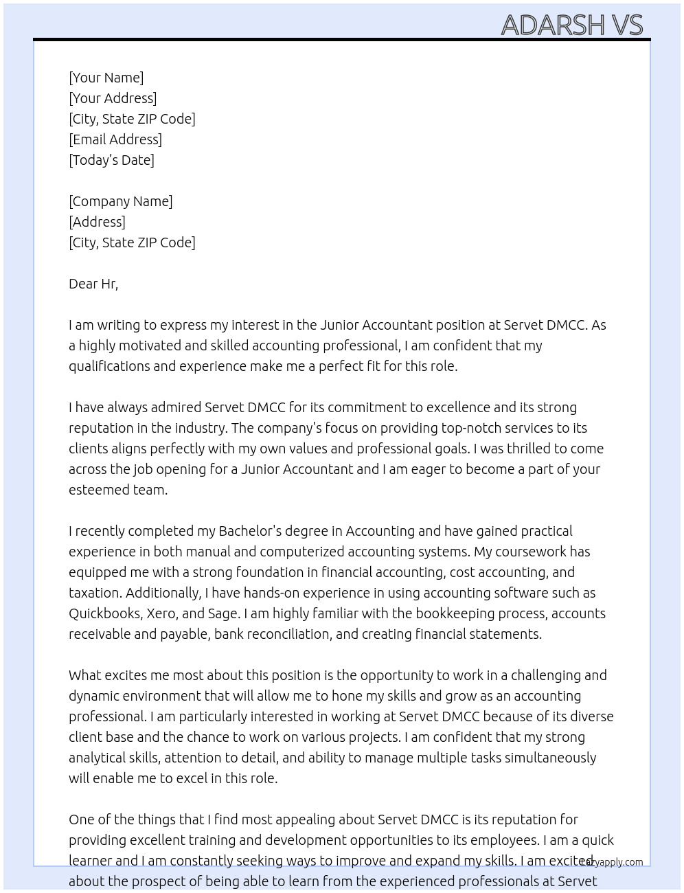 Junior Accountant At Servet DMCC Cover Letter