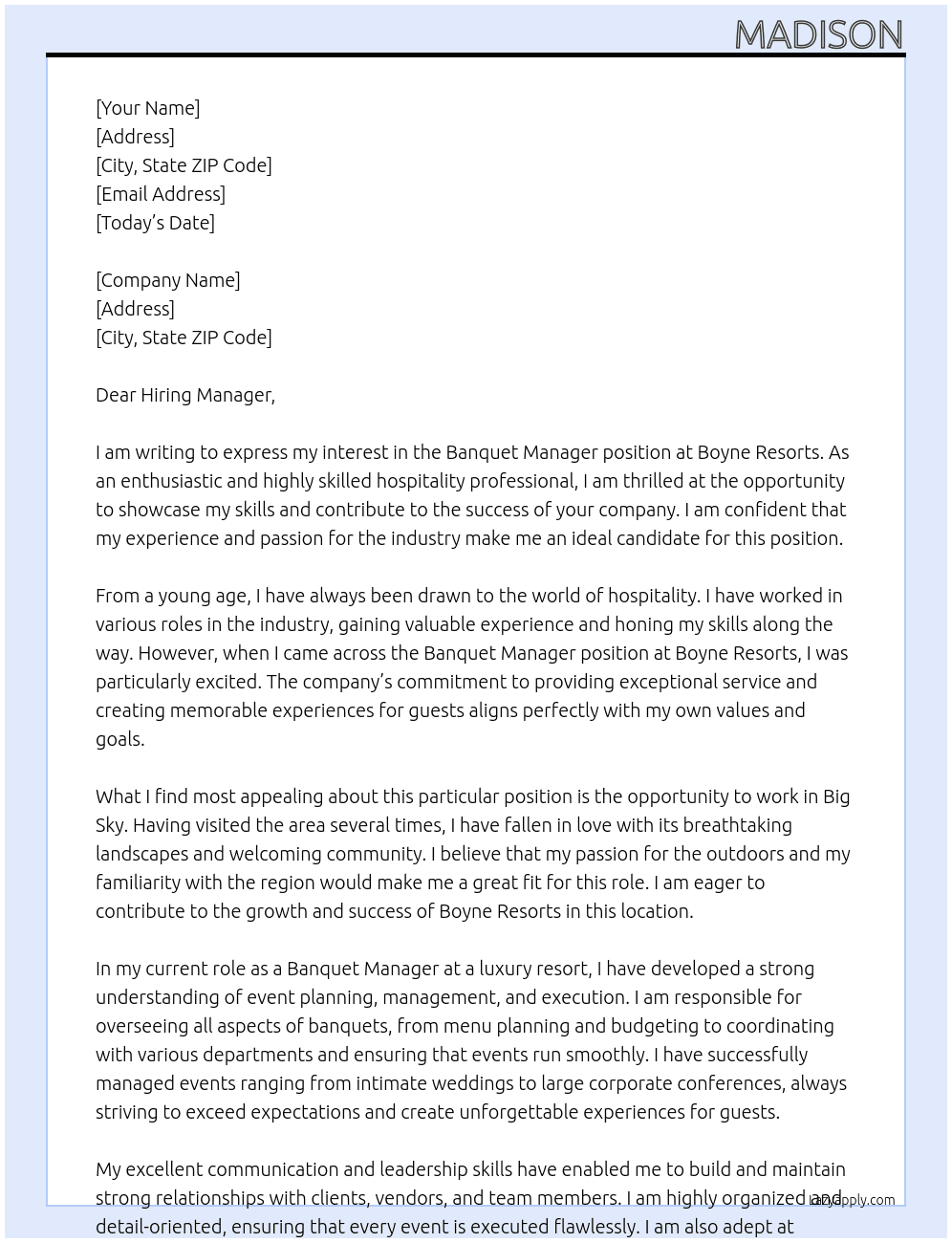 Banquet Manager At Boyne Resorts Cover Letter