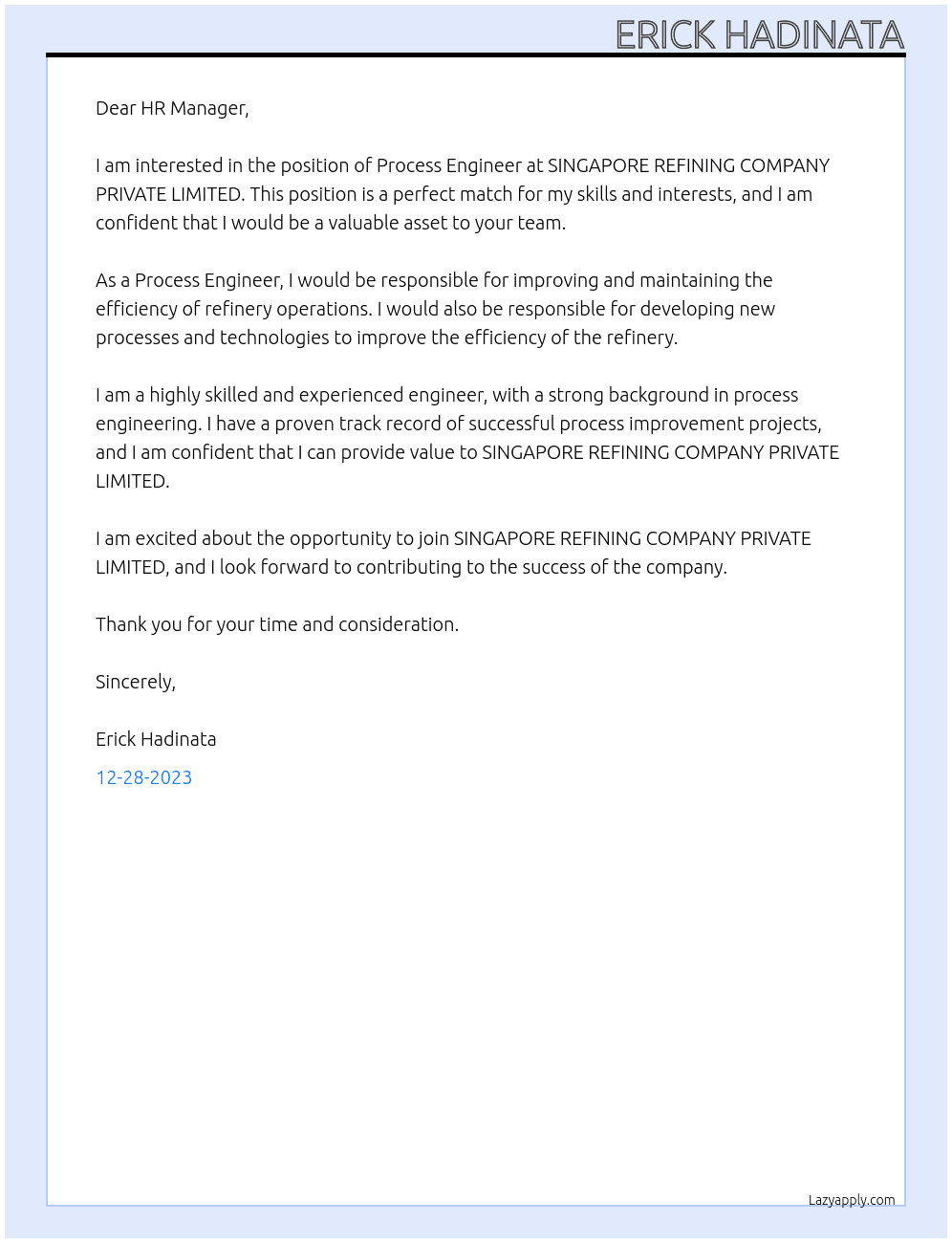 Process Engineer At SINGAPORE REFINING COMPANY PRIVATE LIMITED Cover Letter