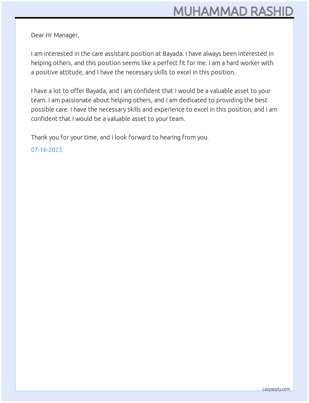 Care assitant At Bayada Cover Letter
