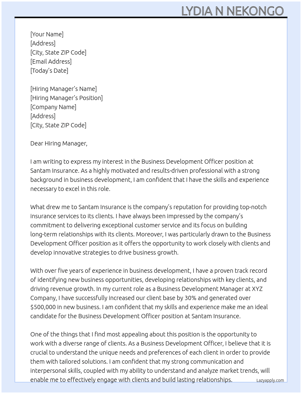 Business Development Officer  At Santam Insuarance  Cover Letter