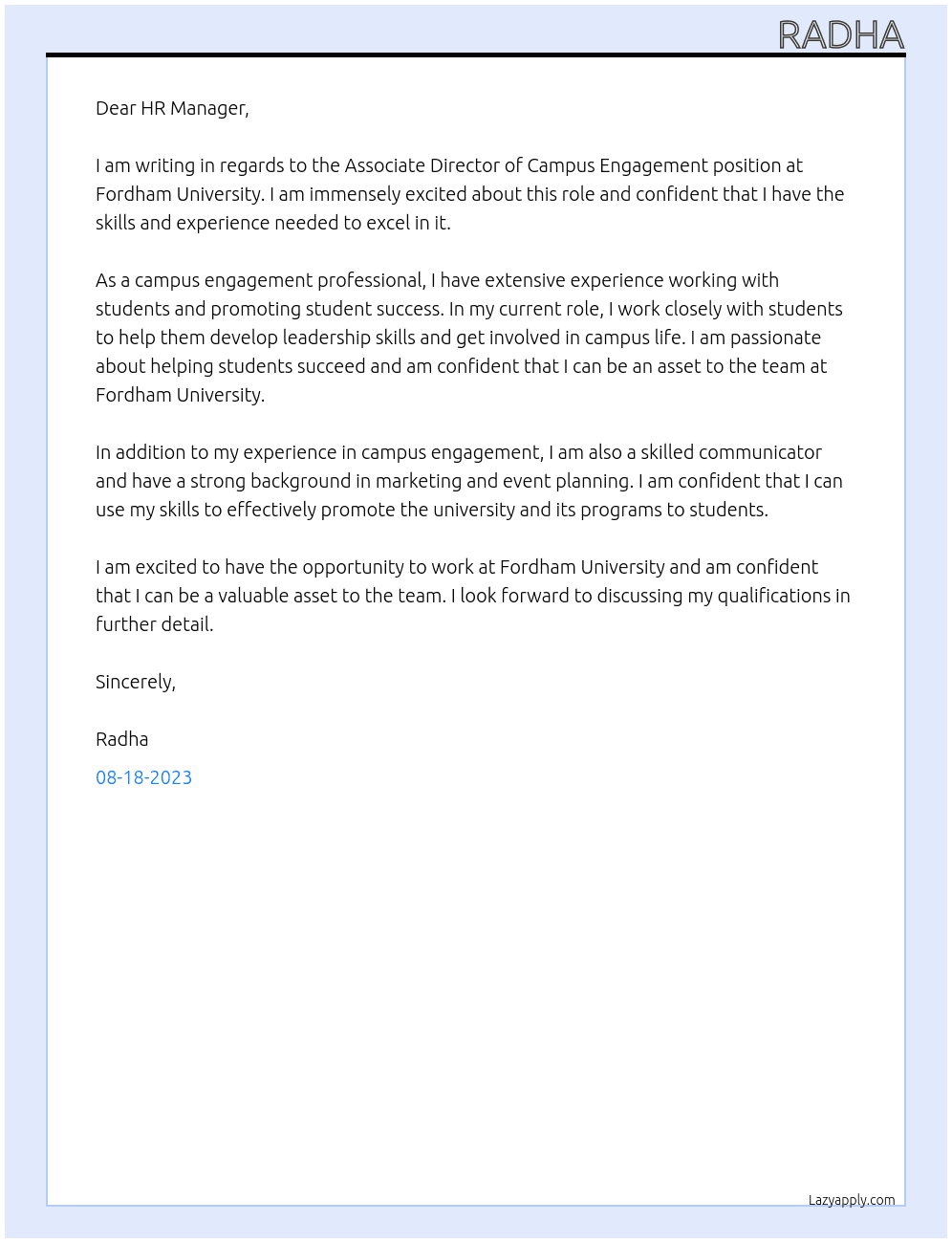  Associate Director of Campus Engagement At Fordhan University Cover Letter