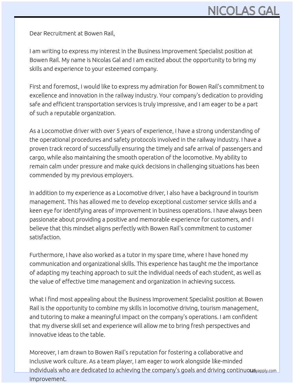 Business improvement specialist At Bowen Rail Cover Letter
