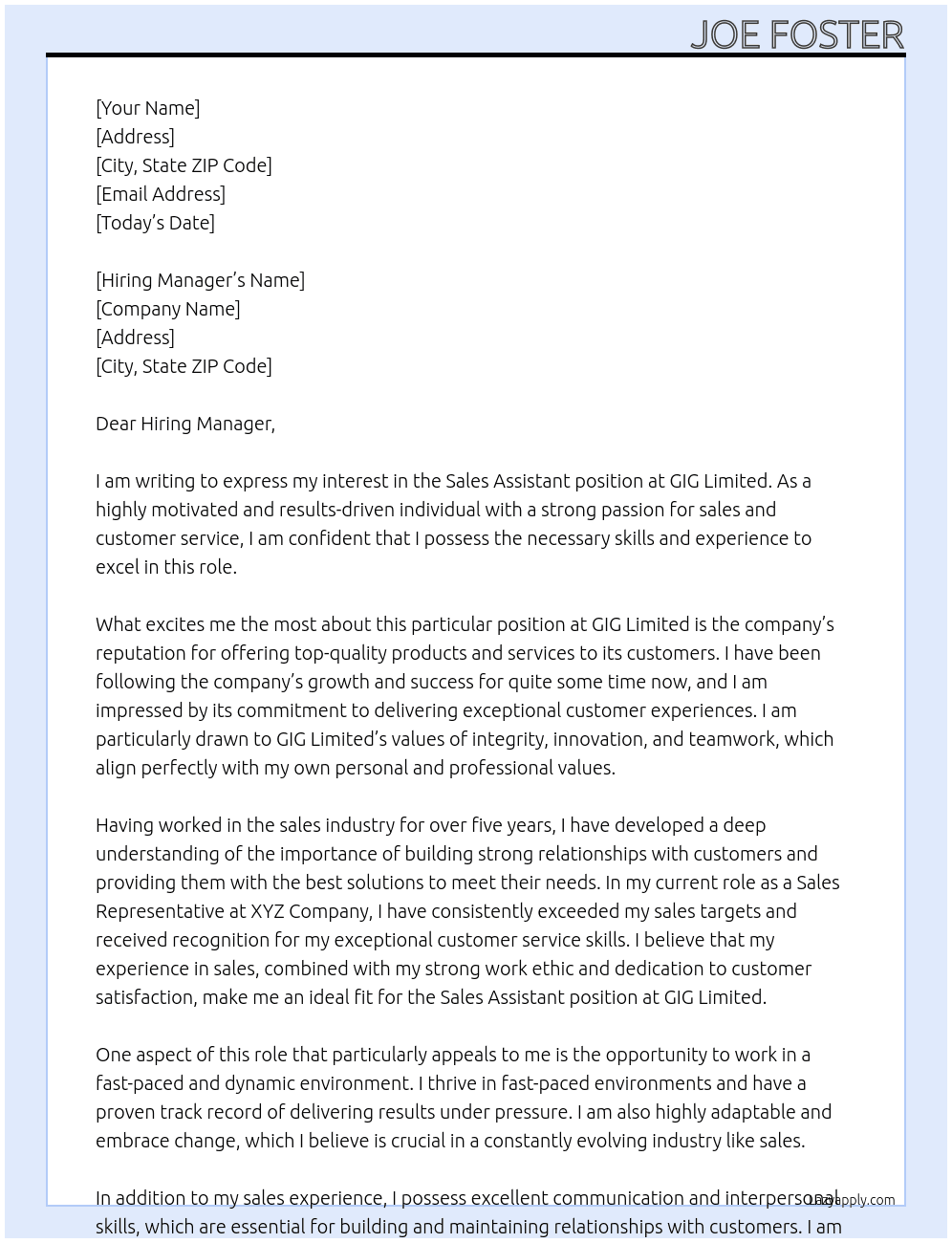 Sales assistant At GIG Limited Cover Letter