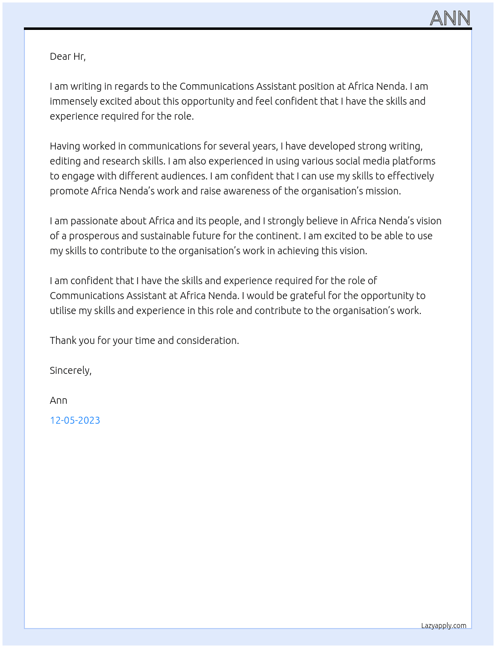 Communications Assistant At Africa Nenda Cover Letter