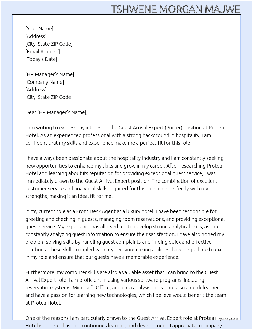 Guest Arrival Expert (Porter)  At Protea Hotel Cover Letter