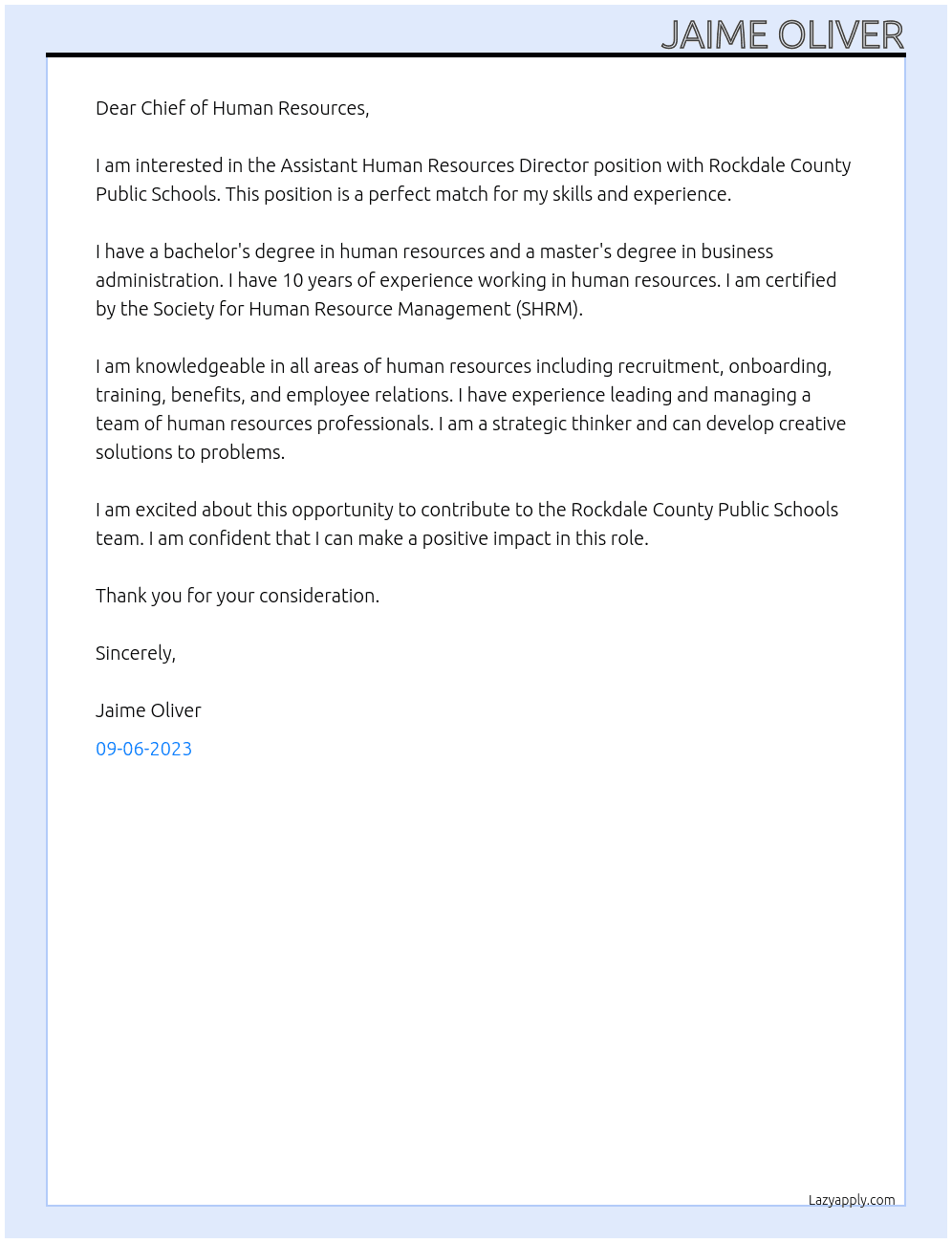 Assistant Human Resources Director  At Rockdale County Public Schools Cover Letter