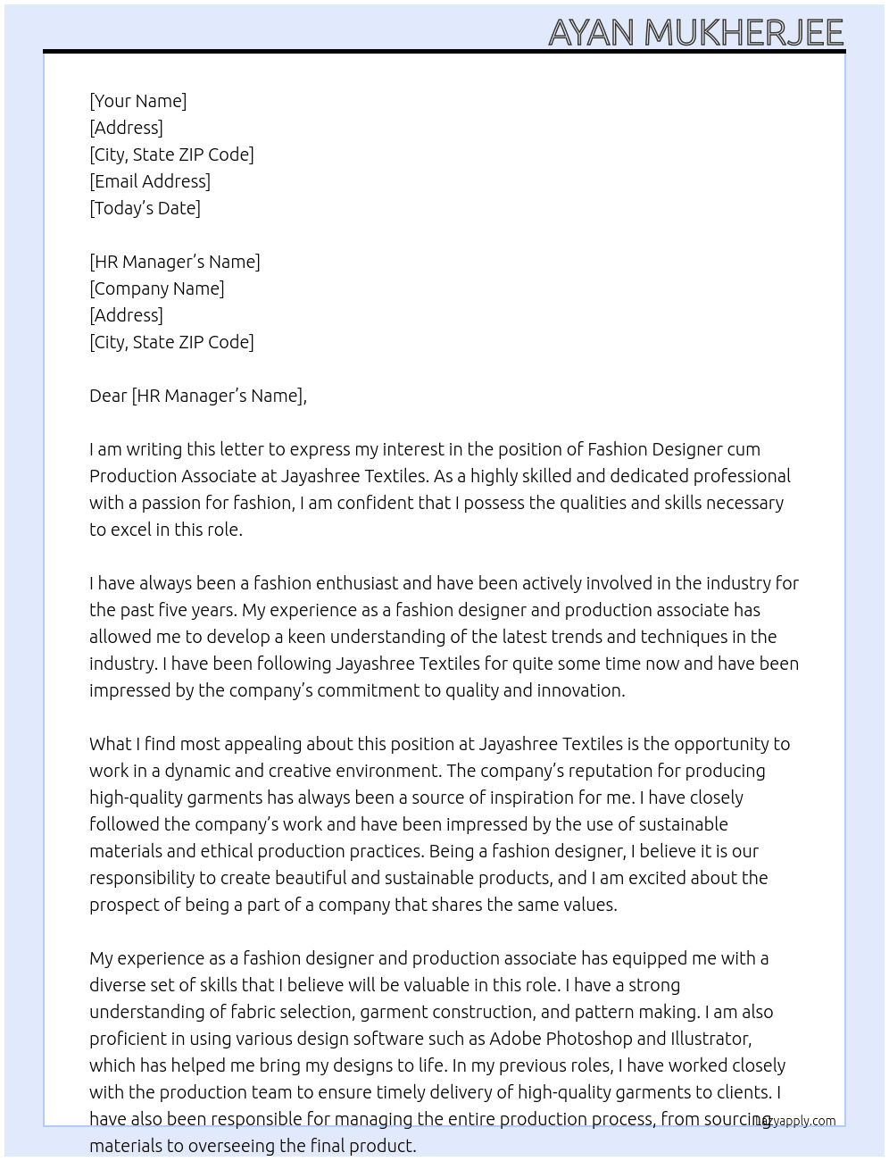 fashion designer cum production associate At Jayashree Textiles Cover Letter