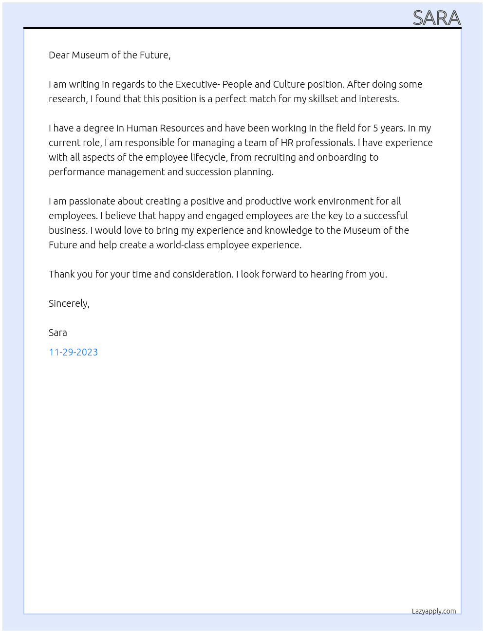 Executive- People and culture At Museum of the future Cover Letter