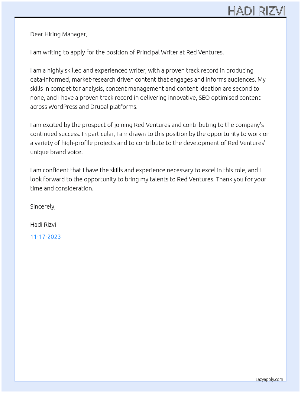 Principal Writer At Red Ventures Cover Letter