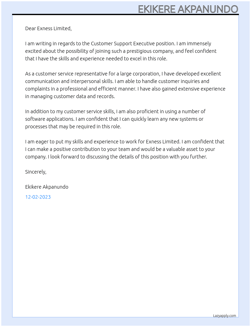 Costumer support executive At Exness limited Cover Letter