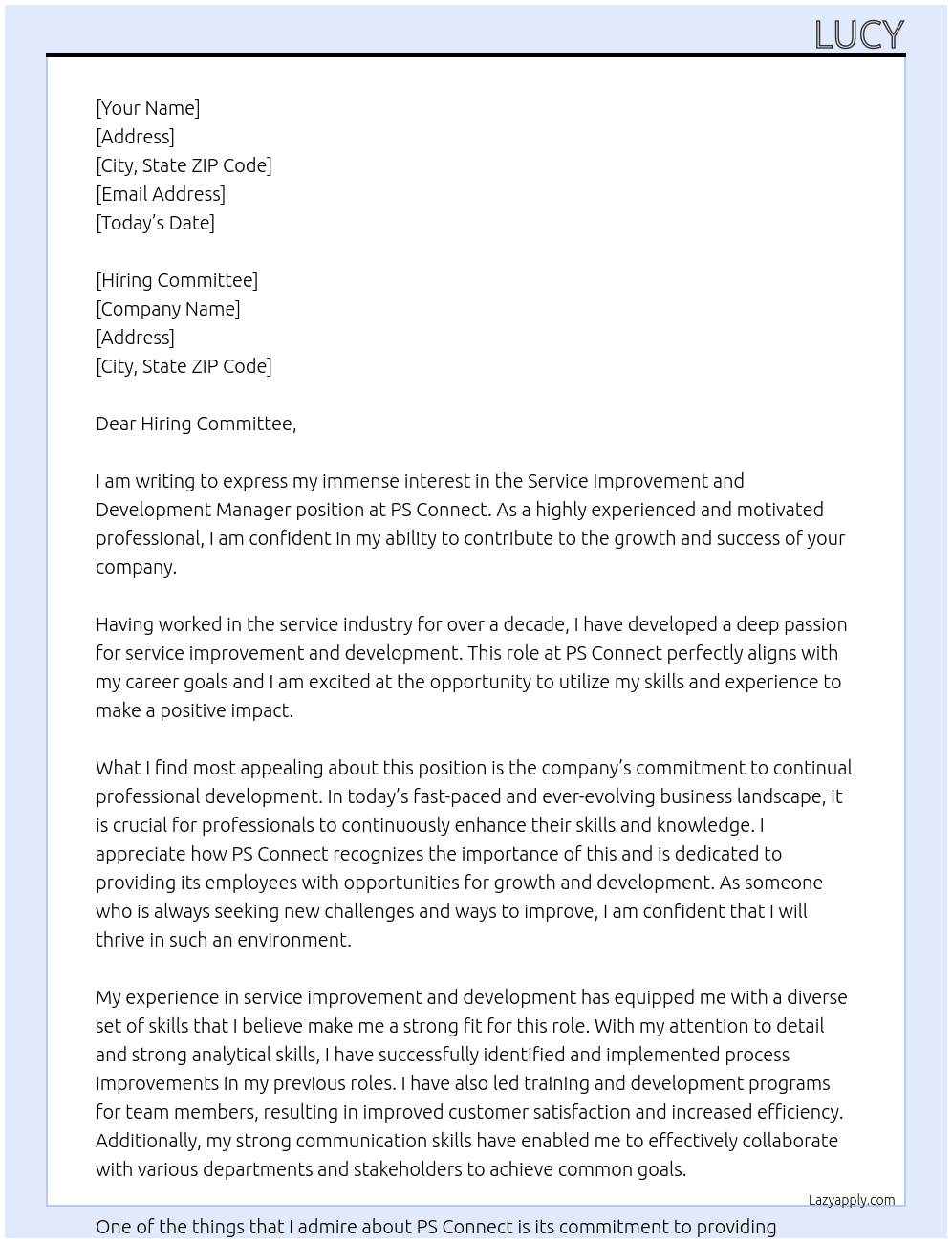 Service Improvement and Development Manager At PS Connect Cover Letter