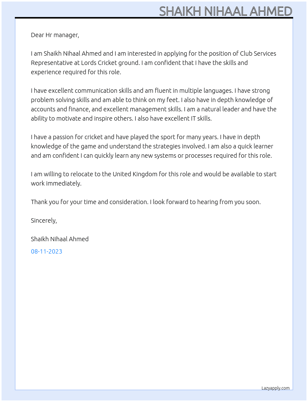 Club Services Representative At Lords Cricket ground Cover Letter