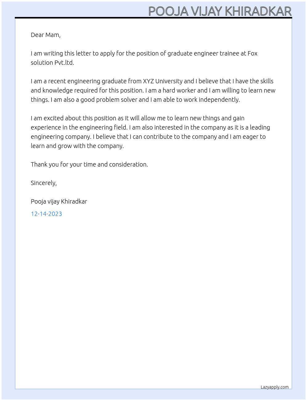 graduate engineer trainee At Fox solution Pvt.ltd Cover Letter