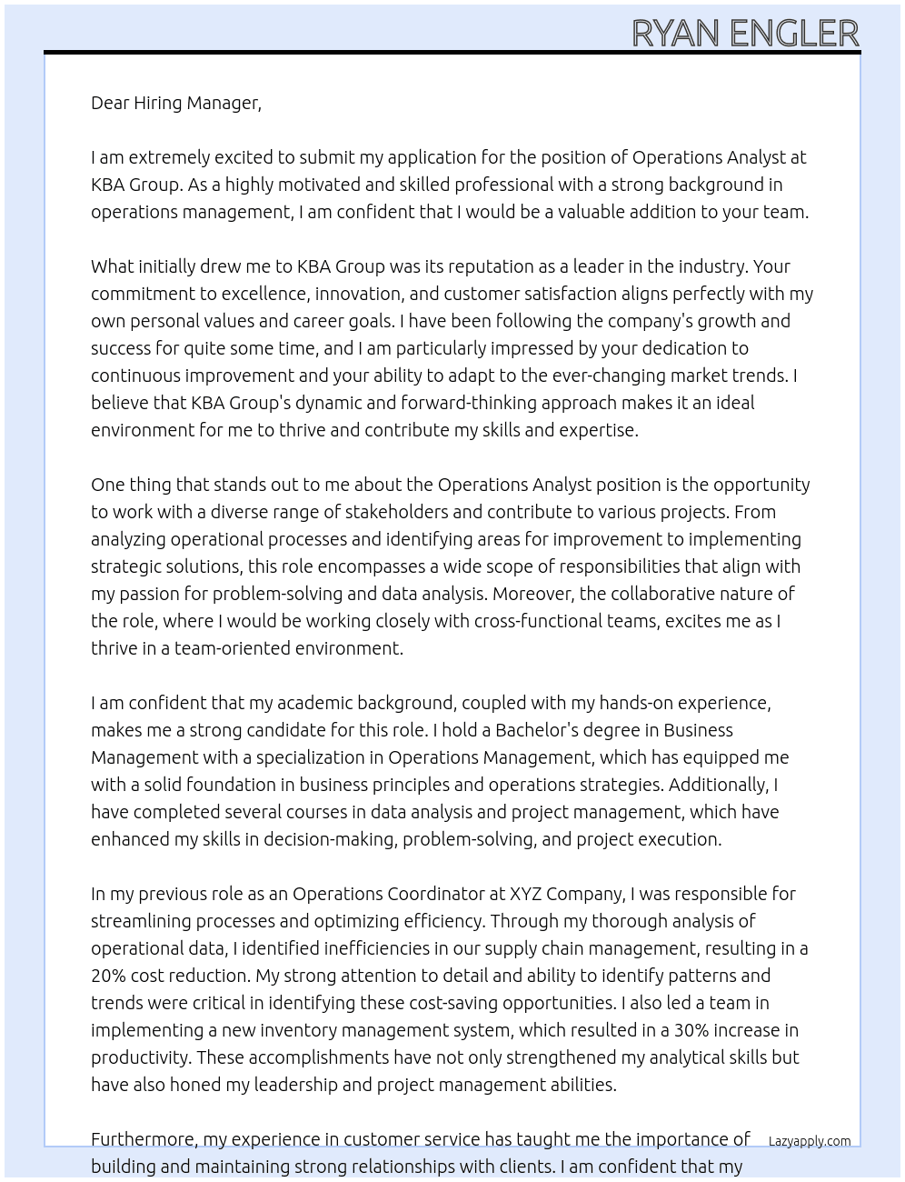 Operations Analyst At KBA Group Cover Letter
