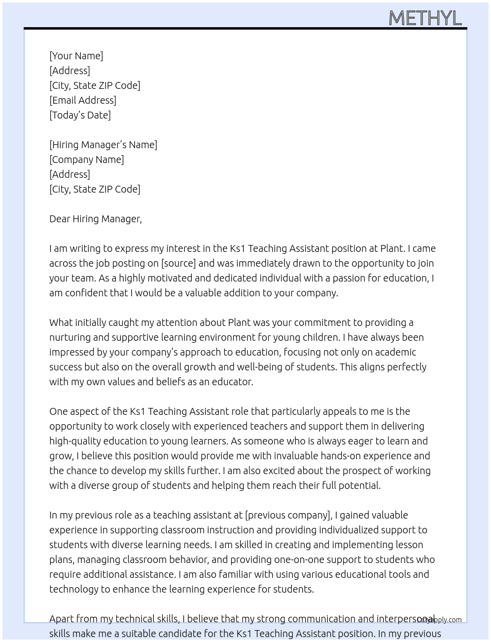 Ks1 Teaching Assistant At Plant Cover Letter