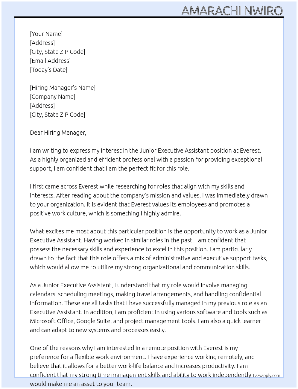 Junior executive assistant At Everest Cover Letter