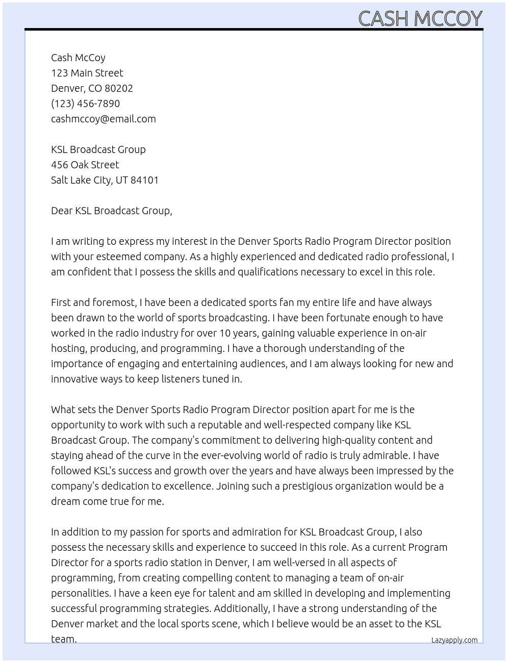 Denver Sports radio program director At KSL Broadcast Group Cover Letter