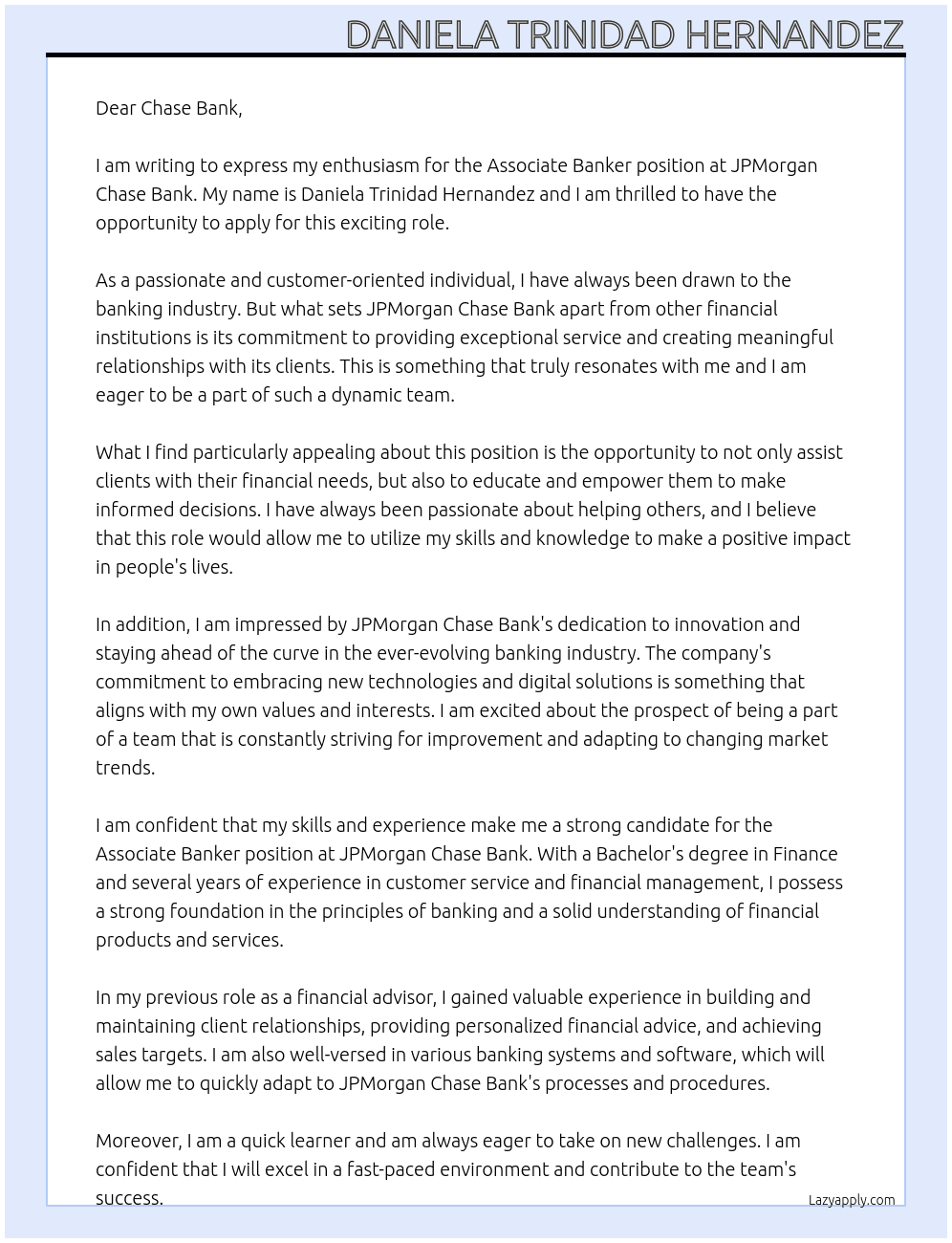 Associate Banker At JPMorgan Chase Bank Cover Letter