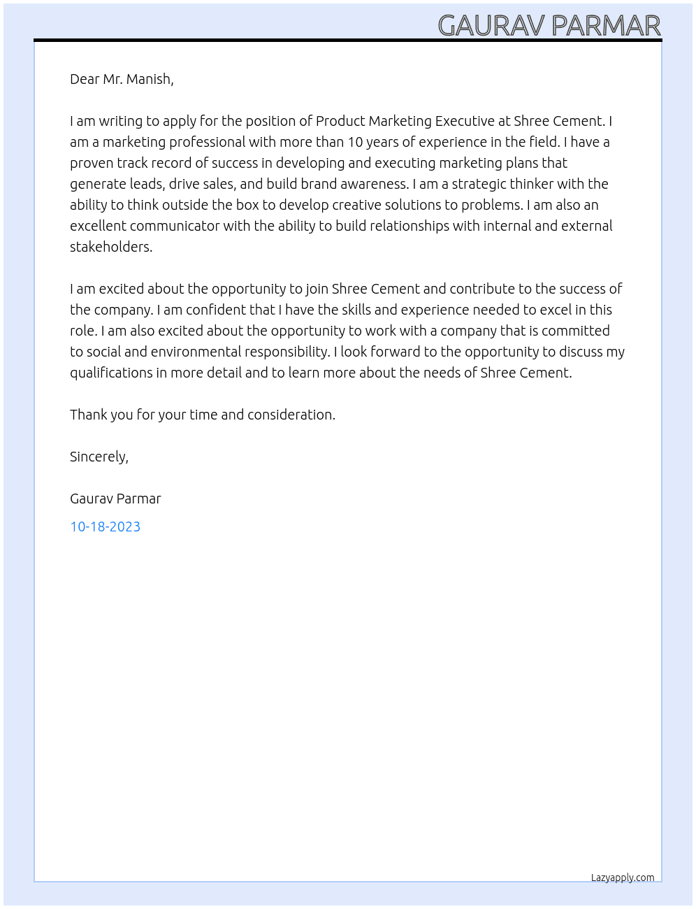 Product Marketing Executive At Shree Cement Cover Letter