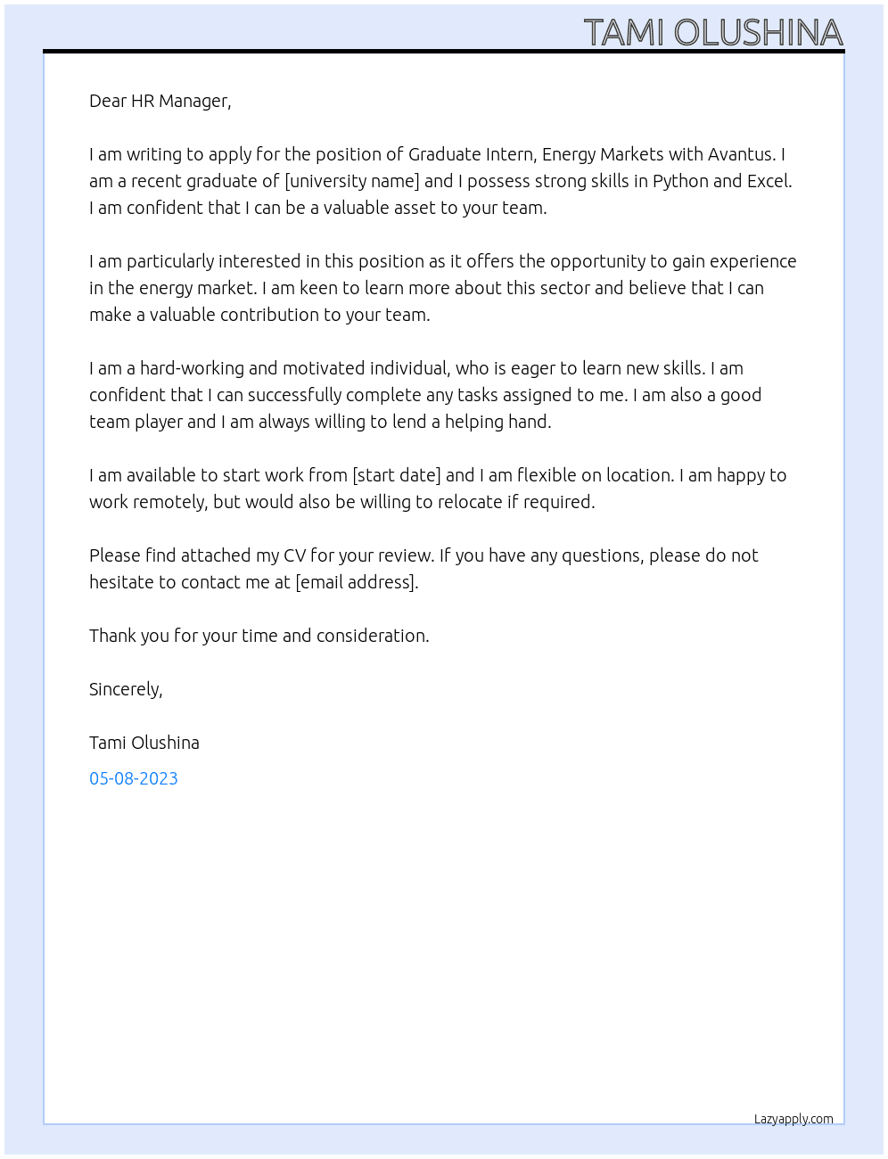 Graduate Intern, Energy Markets At Avantus Cover Letter