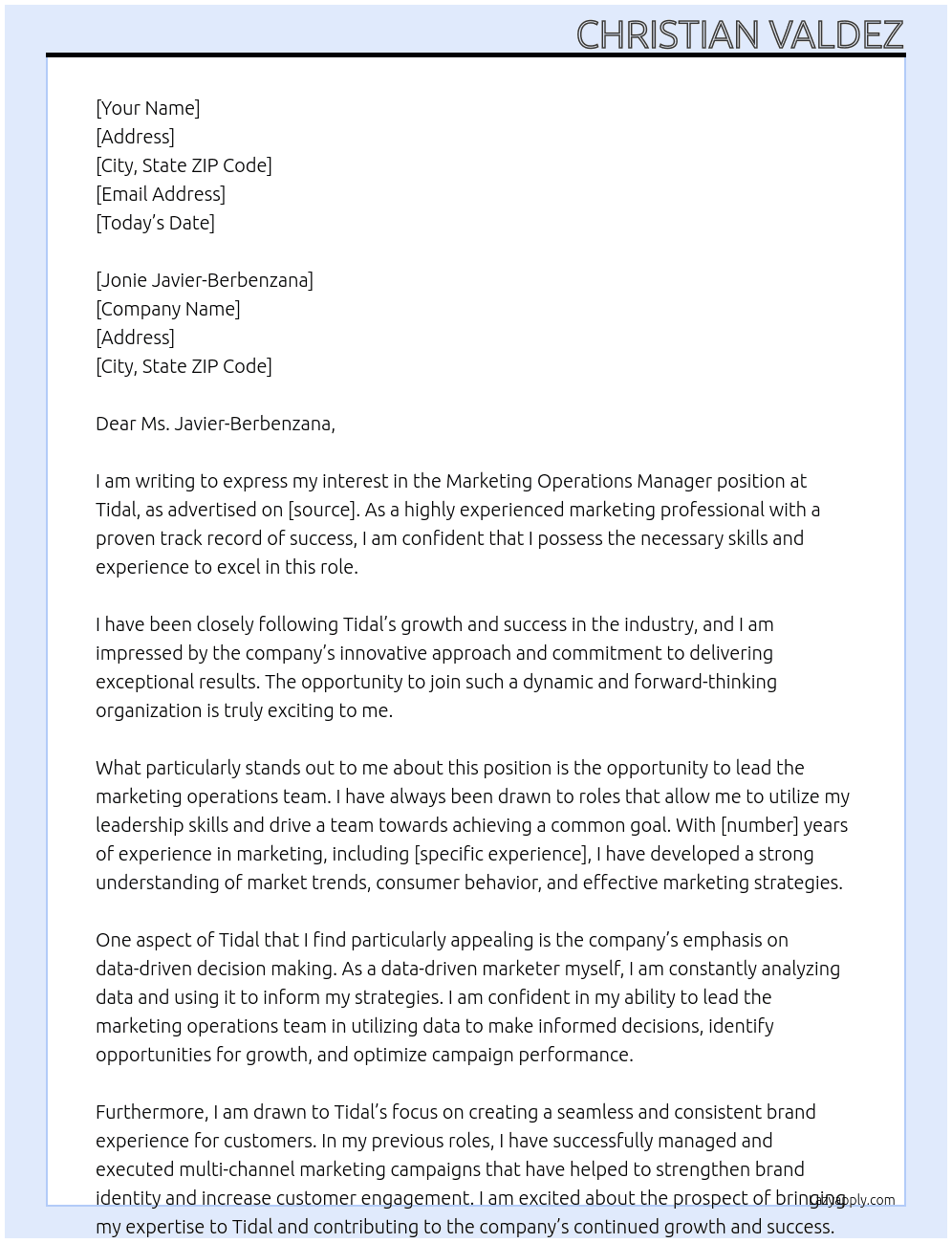 Marketing Operations Manager At Tidal Cover Letter