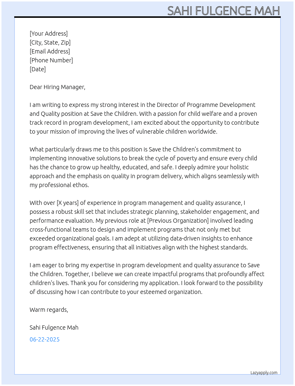 Cover letter for director of programme development and quality - LazyApply